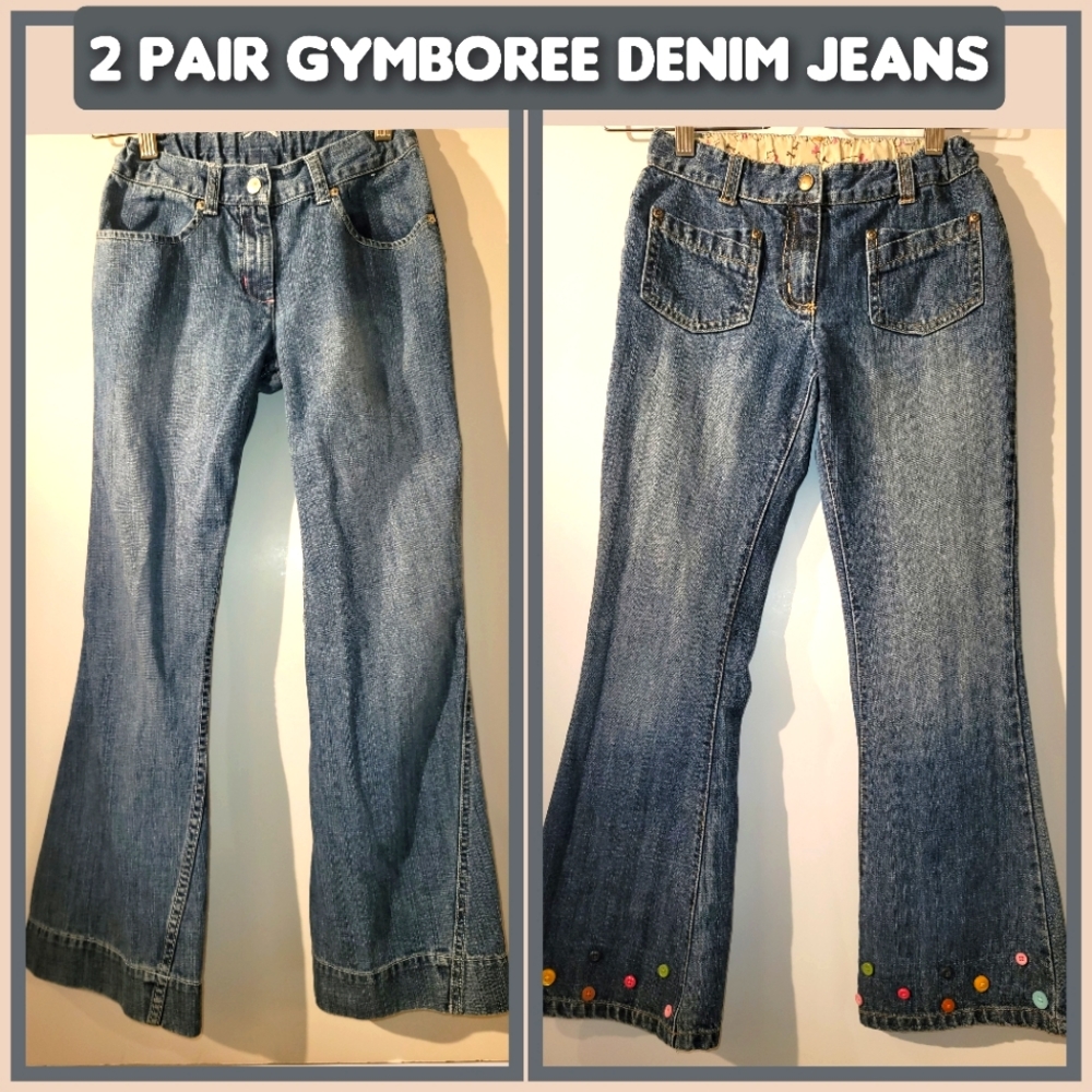 2 pair Gymboree denim jeans Girls 10 flared wide leg adjustable waist Like NEW